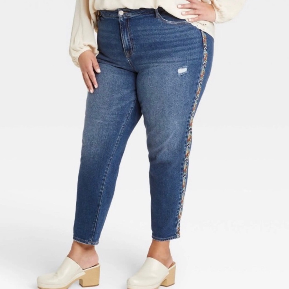 Knox Rose Blue Denim Ankle Jeans Embroidered Aztec Trim Western 16
